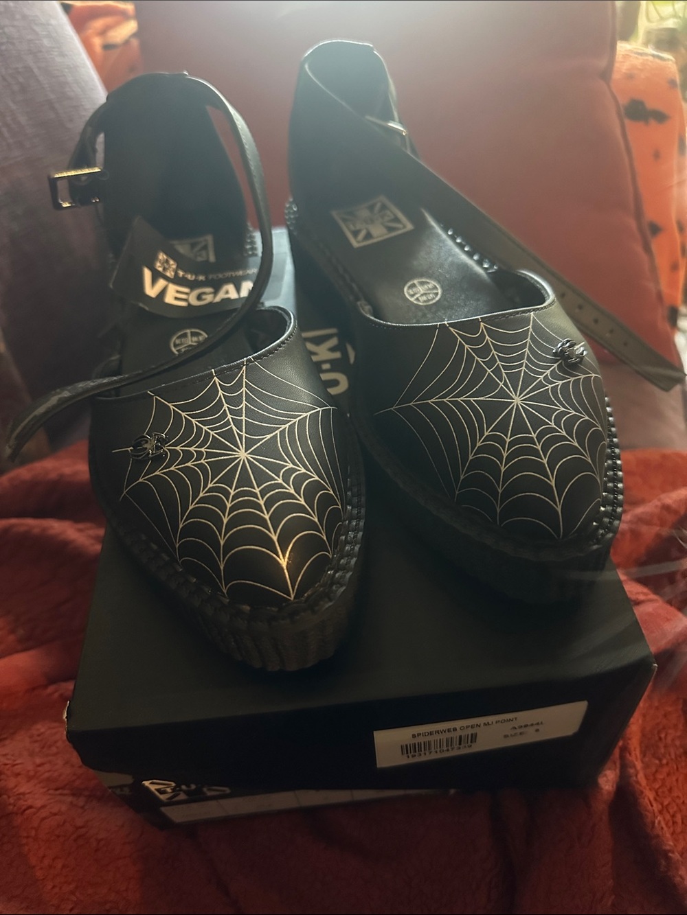 T.U.K Black Spiderweb Ankle-Strap Mules